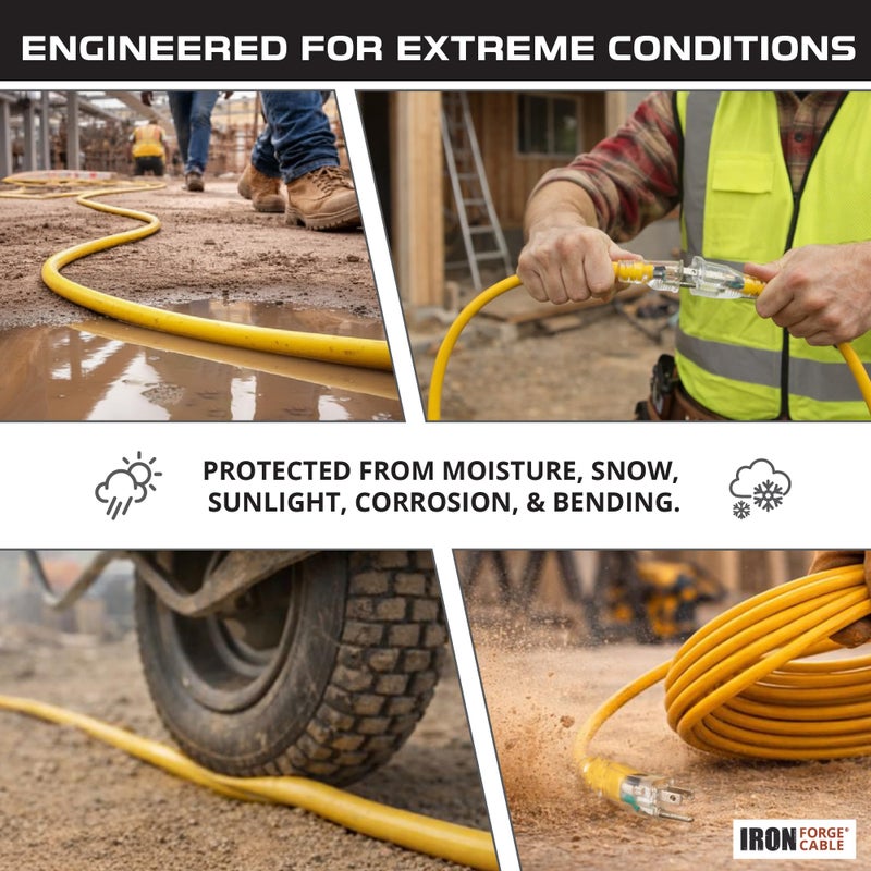 IRON FORGE CABLE 25 ft Lighted Outdoor Extension Cord - 12/3 SJTW Heavy Duty Yellow Extension Cable Extension Cable with 3 Prong Grounded Plug for Safety, 15AMP -Great for Garden and Major Appliances - Image 4